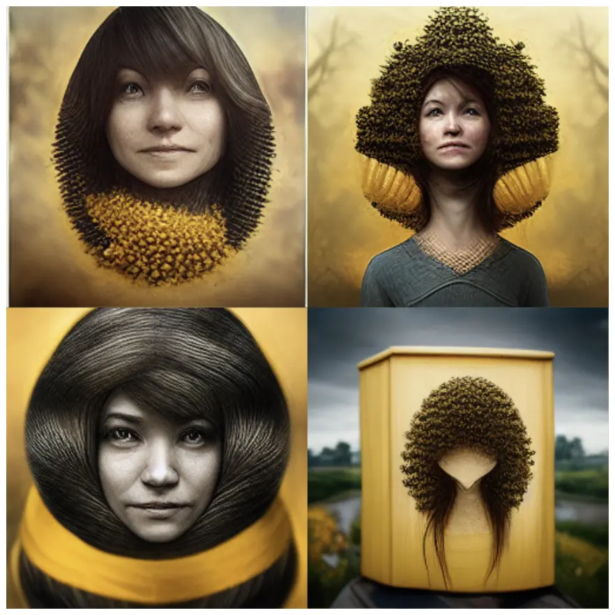 very illustrative, non realistic styles of a pretty woman's face, either wearing a scarf, or whose hair transitions gently into a small honeycomb