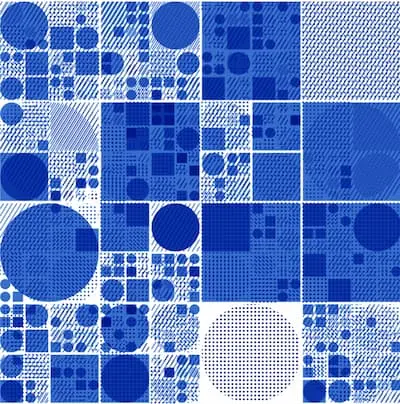 a grid of hatched squares or circles, some of which are subdivided recursively up to a depth of 3.sometimes there's a hatched circle that overlaps a subdivided cell