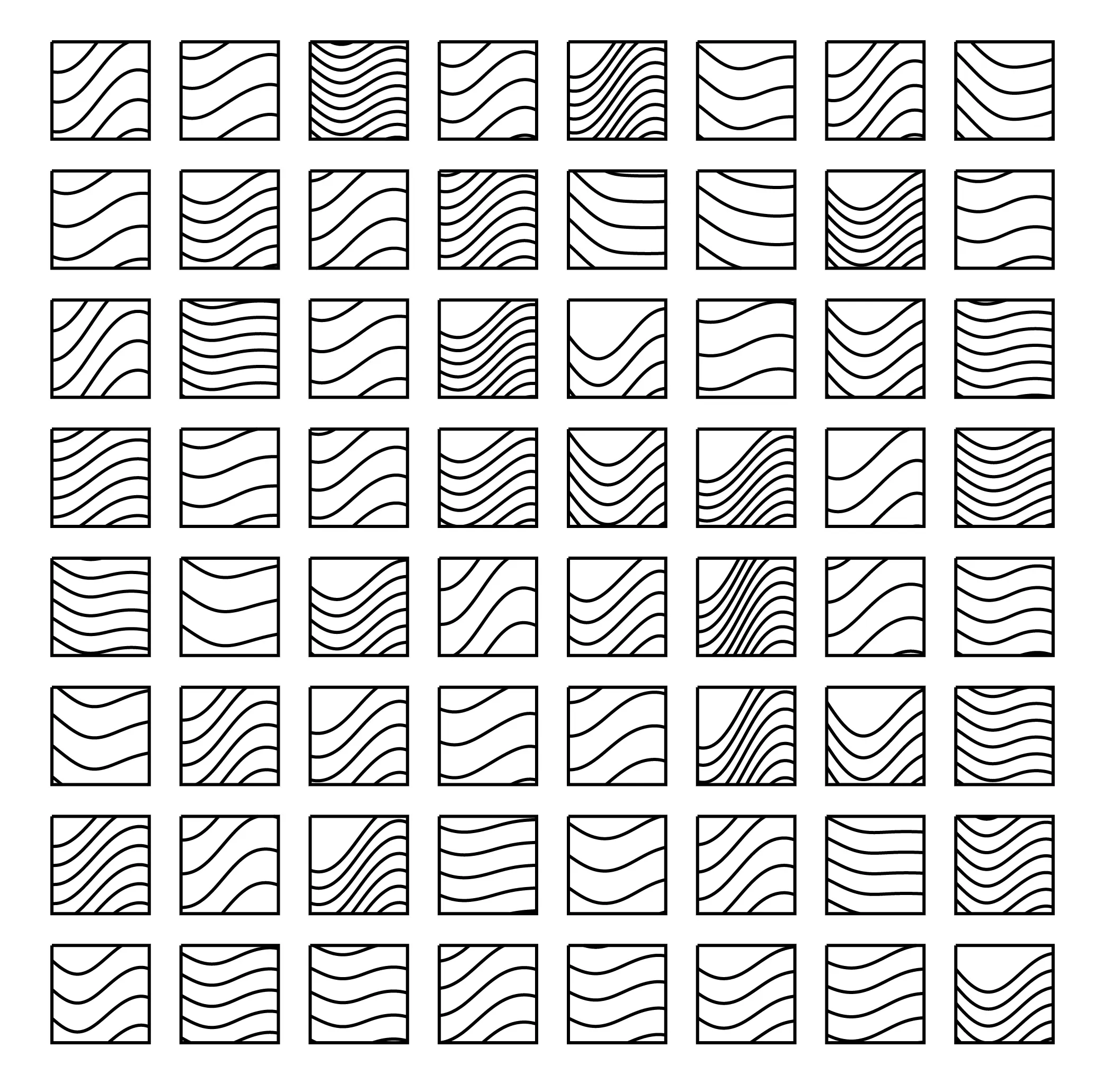 a grid of 8x8 cells where each cell is filled with a random number of squiggly lines