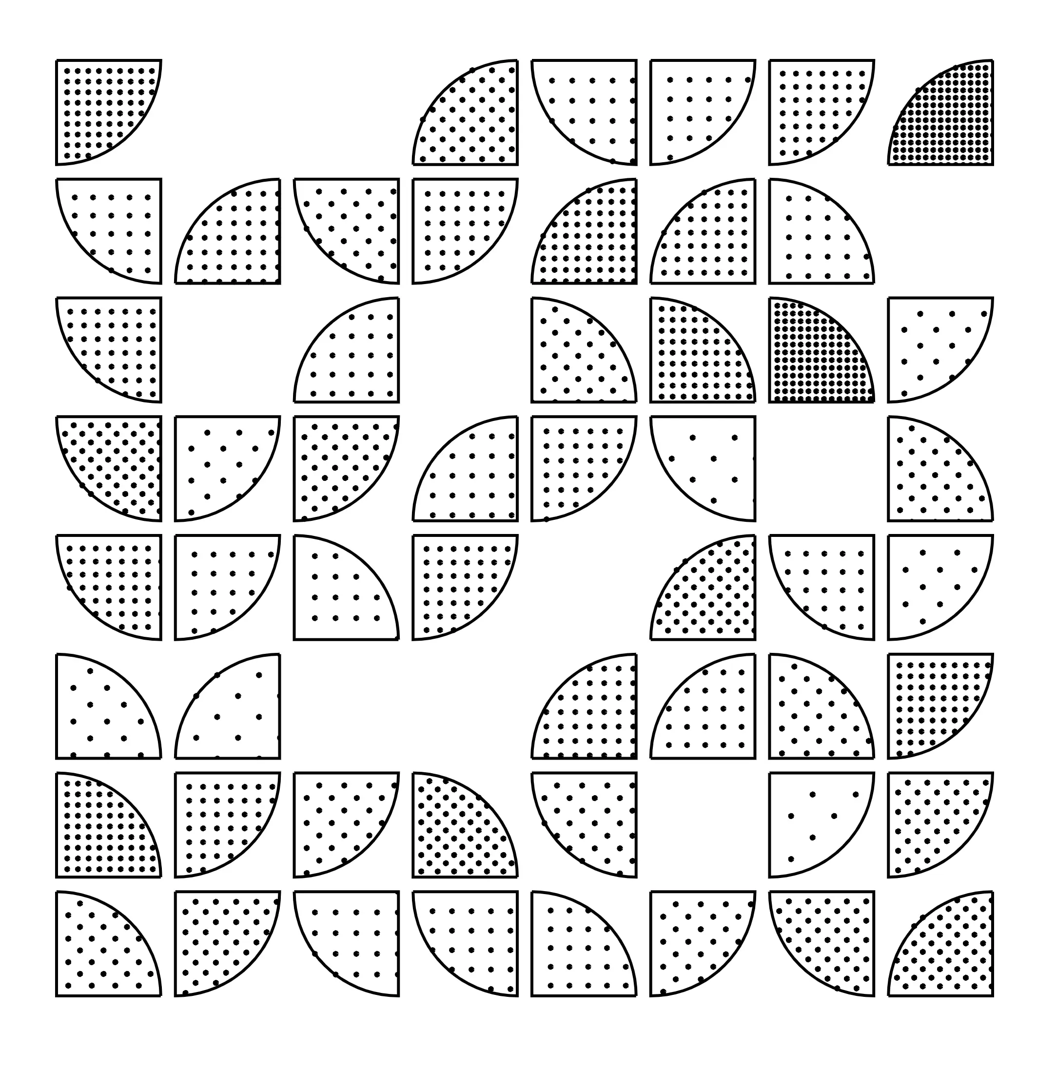 a grid of 8x8 cells, where each cell is a quarter of a circle, in any of the 4 orientations, filled with a grid of dots