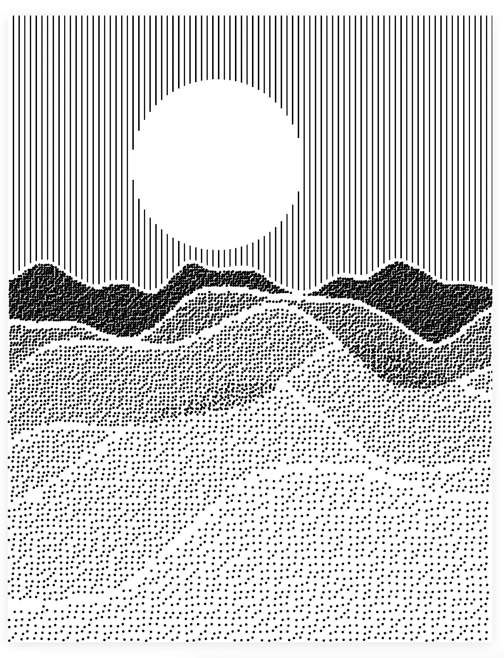 a similar landscape but each mountain range is filled by a grid of black dots of different densities.