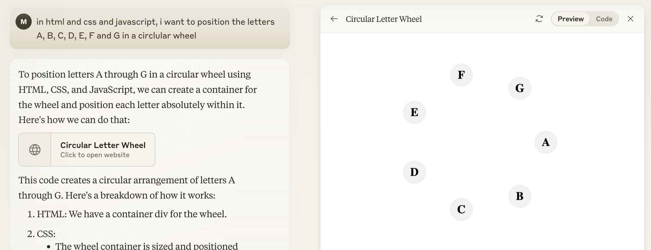 i ask the question to the bot, it responds with a page of text i will not be reading, but also with an image of grey bubbles on the circumference of a circle of about 120px, each bubble containing one of the letters i asked for