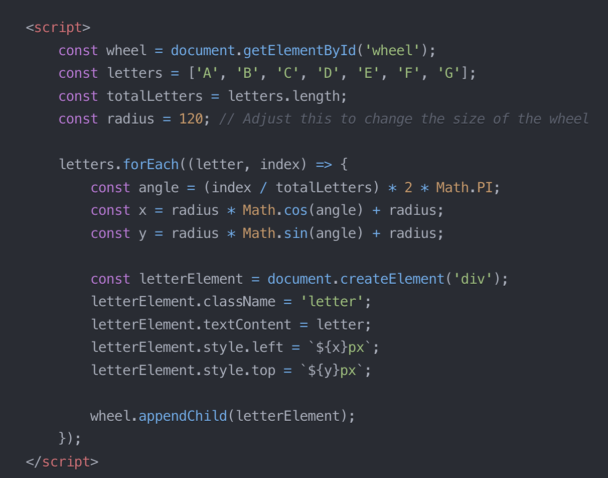 a JS script tag that basically creates a div for each of the letters and absolutely positions it based on  