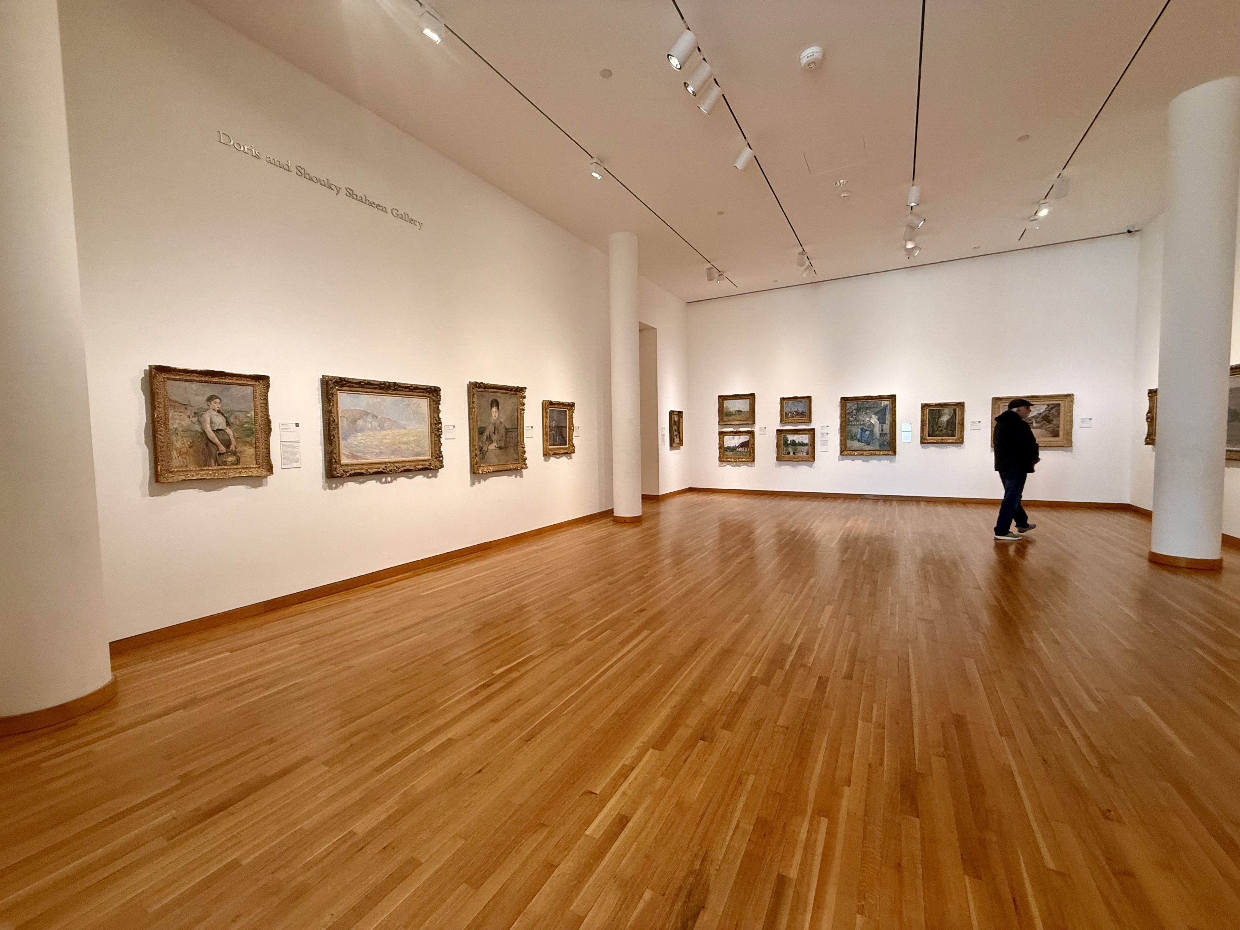 a photo of a gallery room with at least 4 paintings per wall