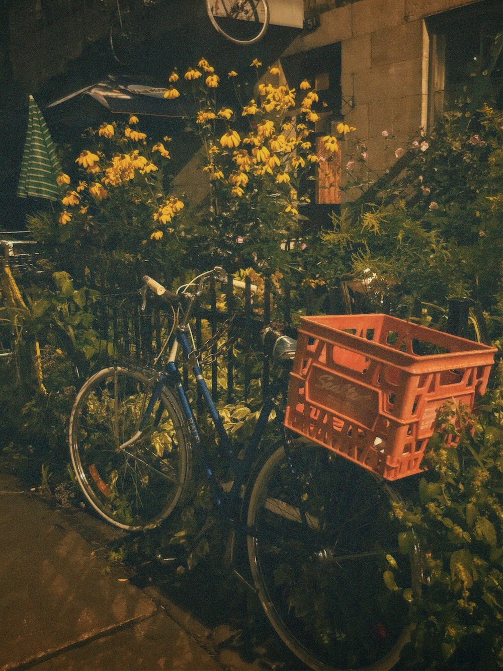 a bike with a milk crate basket leaning on a fence