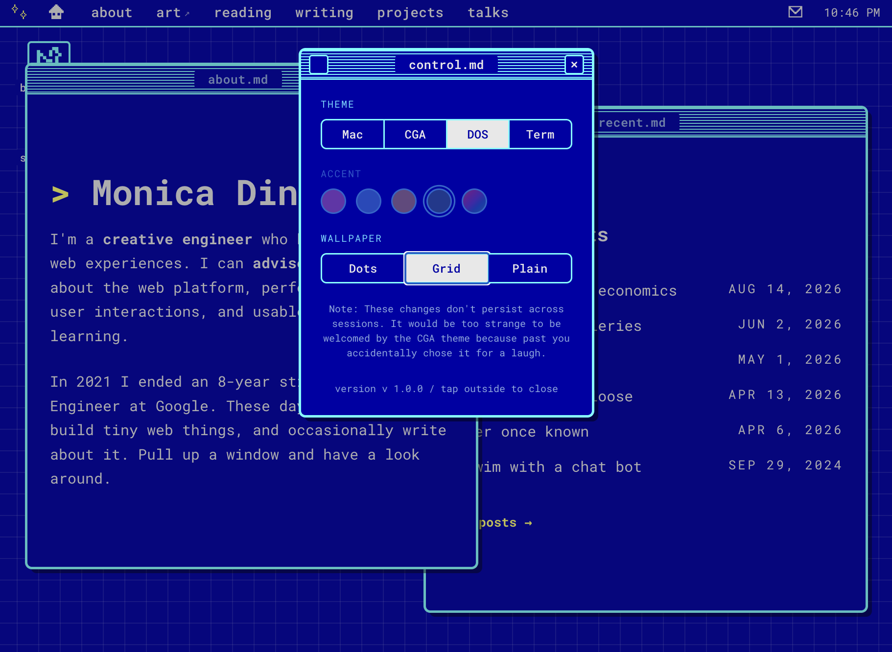 an ms-dos blue and cyan version of this homepage
