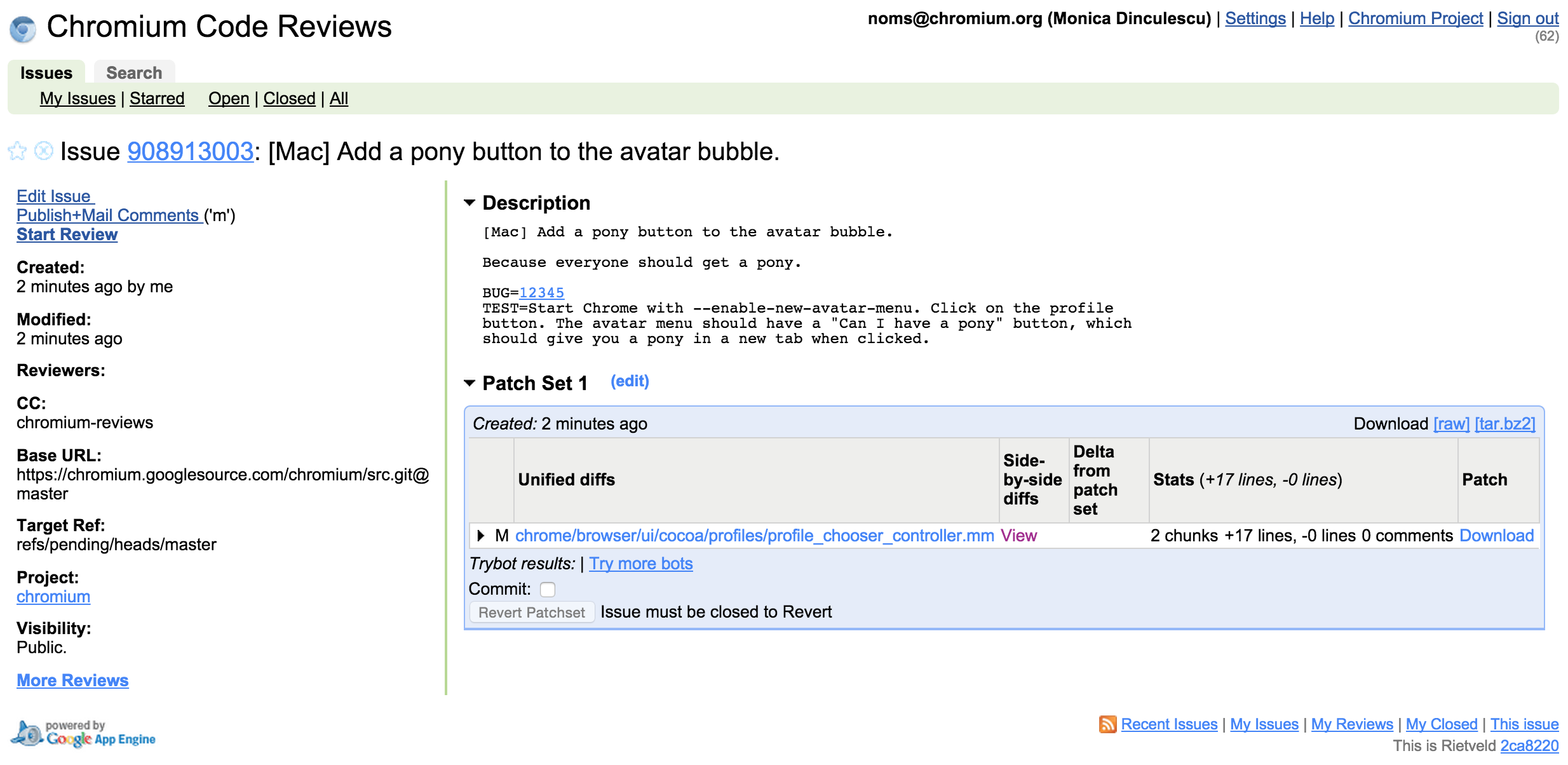 Sample CL as it renders on codereview