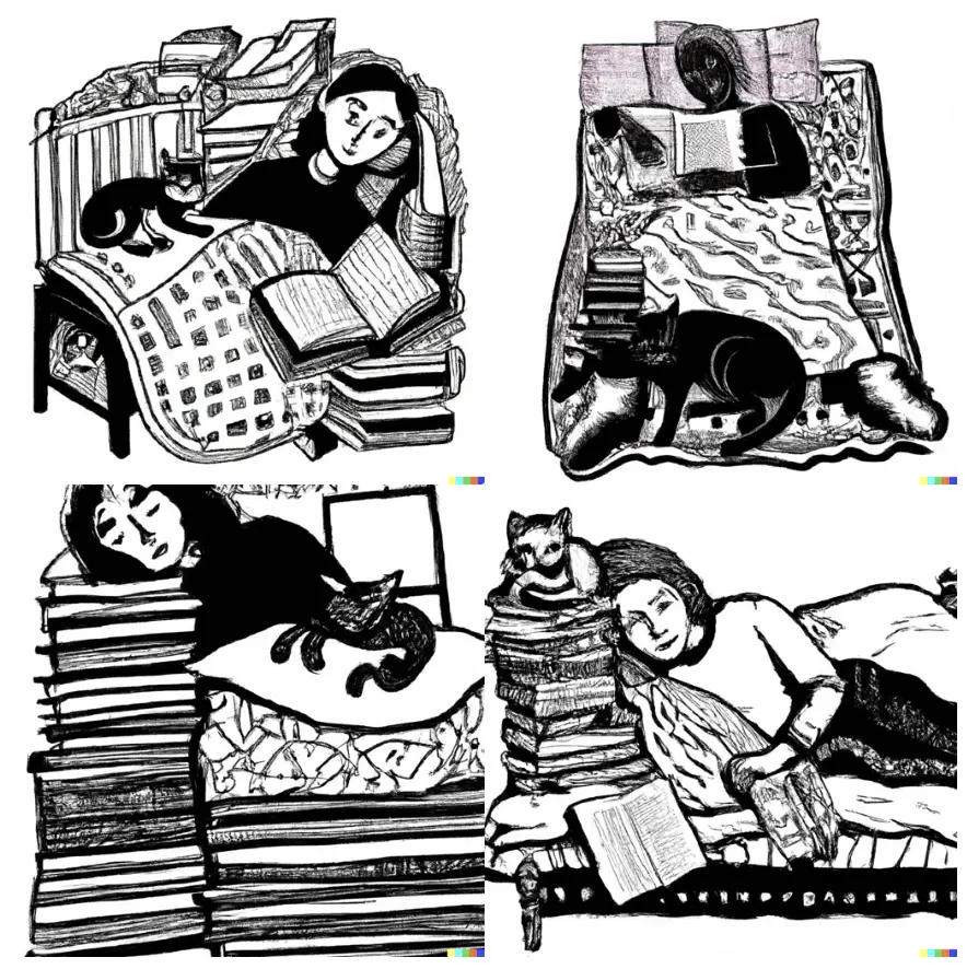 a grid of 2x2 images each showing a black and white drawing of a woman in bed with a cat and a stack of books. each image is slightly different but the idea is the same
