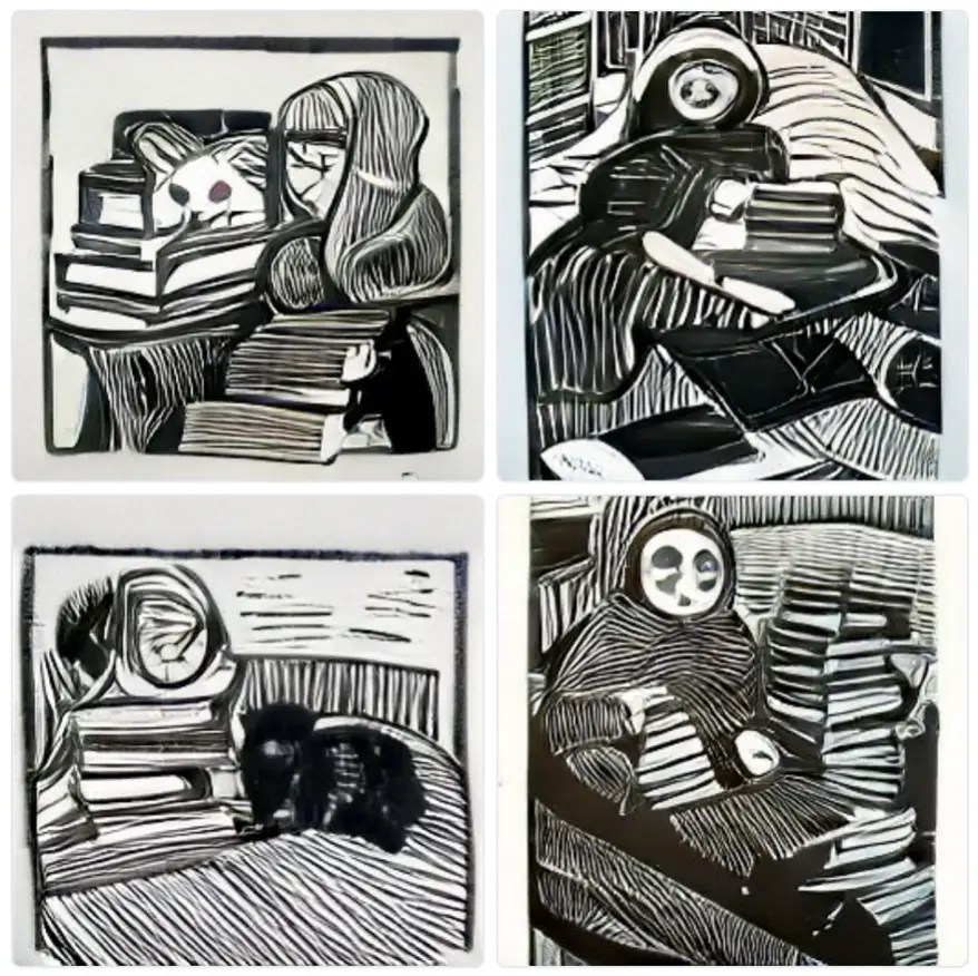 a grid of 2x2 images where if you try really really hard it maybe looks like a woman in bed, next to stacks of books