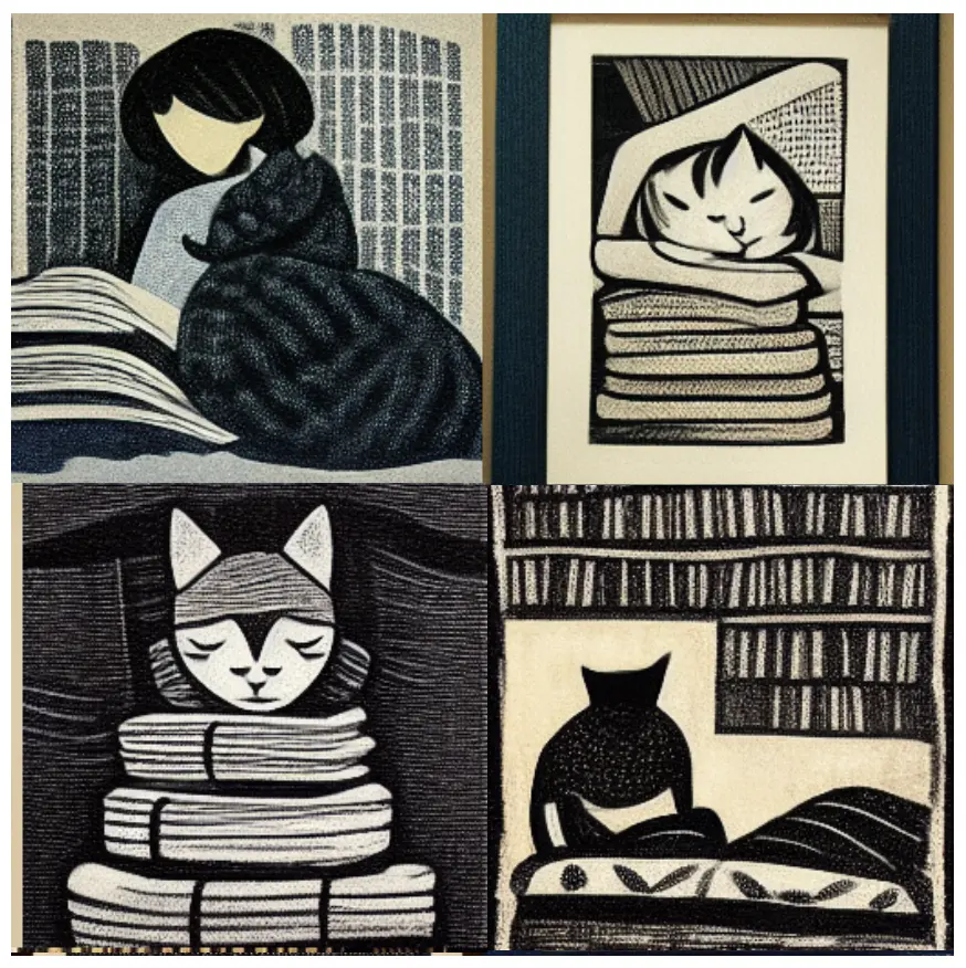 a grid of 2x2 images of simpler lines, in order: a woman with a blanket that looks a bit like a cat, with a background of books. an abstract looking cat head on top of a stack of books. sharp lines of a simplified cat head on top of a stack of books. a very abstract shape that is maybe a bed, in front of a background of books that are just white rectangles with thick outlines