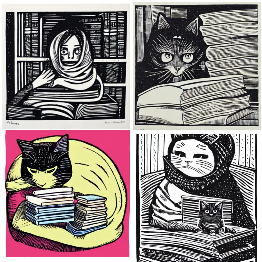 a grid of 2x2 images showing sharp and crisp lines of, in order: a woman with a scarf in a library, reading a stack of books. a angry looking cat surrounded by books. a yellow cat on a pink background, wrapped around a stack of books. a cat wearing a scarf next to a smaller cat on top of a stack of books. 
