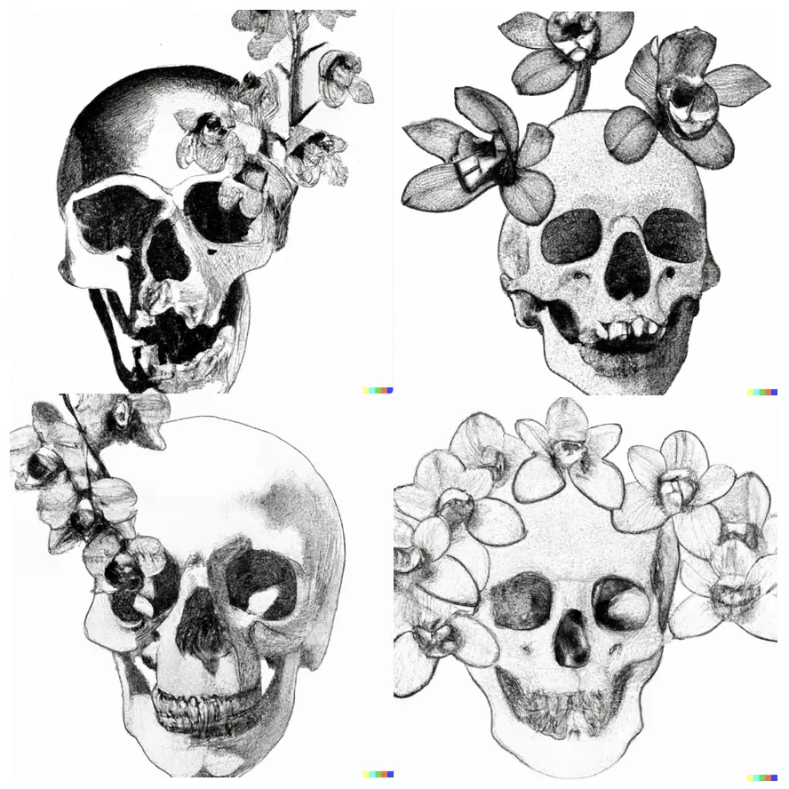 4 images, where each image is a drawing of a skull in black pencil, with an orchid coming either out of an eye socket, or wrapped around the skull