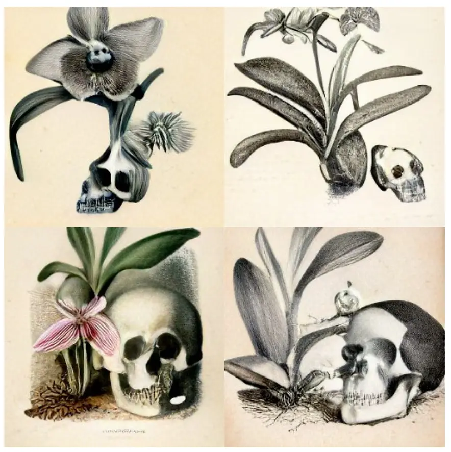 4 fairly noisy aimages of an orchid next to a skull. the orchids all have leaves as well.
