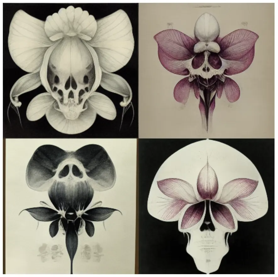 oof, this is a hard one. 3 of the images looks like the outline or general shape of an orchid, but in the middle some of the details resemble a skull. the fourth is a skull, but instead of the eye sockets and mouth, the shapes look like the petals of an orchid