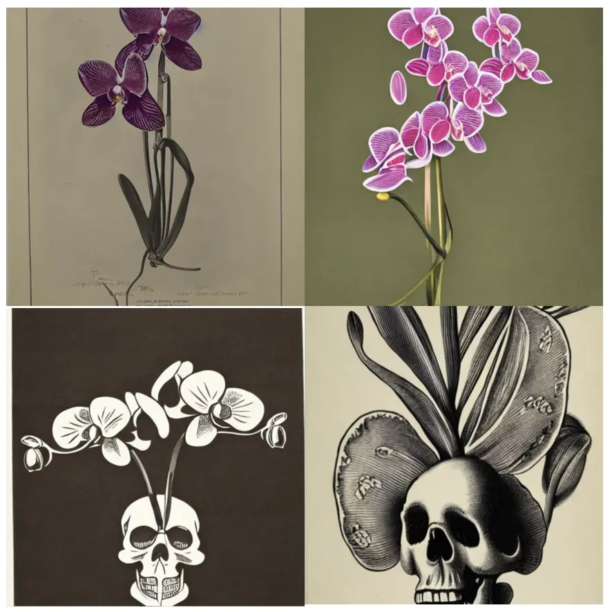 2 images of pink orchids on a different coloured background. an image of an illustration style of a skull with an orchid coming out of the middle of the skull. a vertically wrapped skull in front of the leaves of an orchid