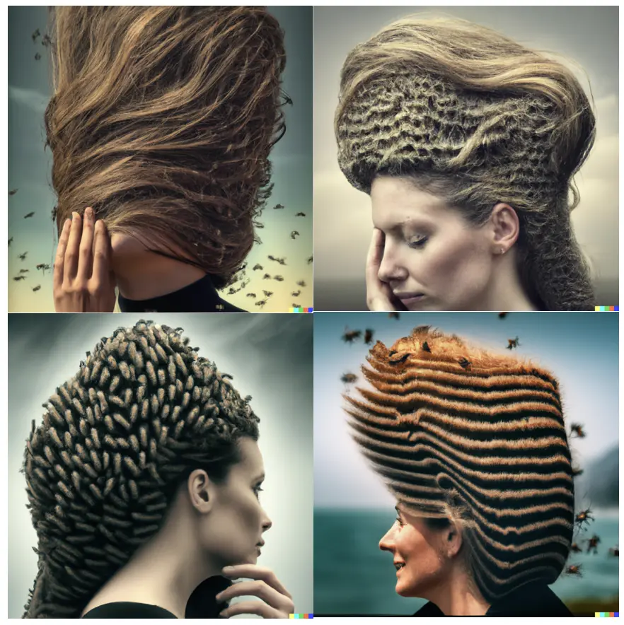 4 images of women's heads with either bees coming out of the hair, or the hair literally made out of bee cocoons. it's really unsettling