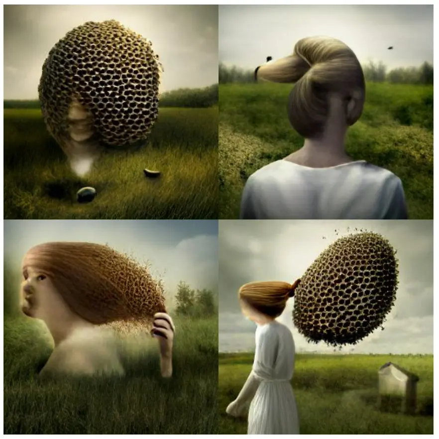 4 very unsettling images, that are fairly blurry. you can see the vague shape of a woman's head (sometimes including her torso), and the hair warps into a really horrible and realistic honeycomb. it truly looks creepy