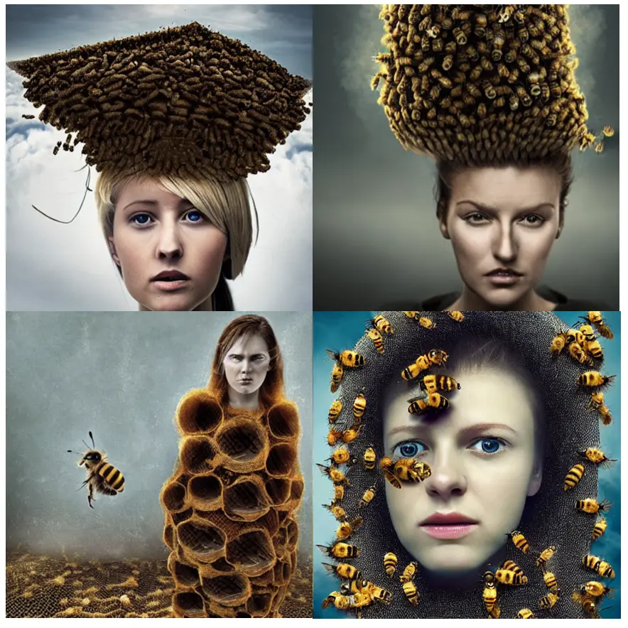 2 images of a very realistic woman, with a honeycomb or bee cocoons instead of hair. 1 image of a drawing of a woman with a body of honeycomb, next to a really big bee. one image of a closeup of a very realistic woman face that is staring aggresively, with just bees around it