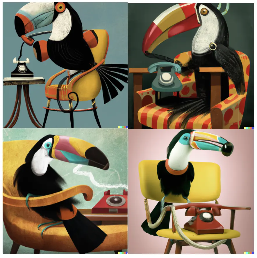 4 images of a very realistic and colourful toucan, sitting on a variety of chairs, using a rotary phone. the images look like 3d sort of artwork