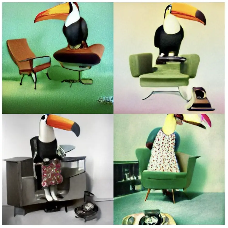 two of the images have a toucan bird, sitting on very recognizabley 60s armchairs. the other two images have a human body with a toucan head; the body is wearing a colourful apron and is sitting in front of some 60s furniture. these last 2 images have more of a photograph or collage feel than of a drawing.