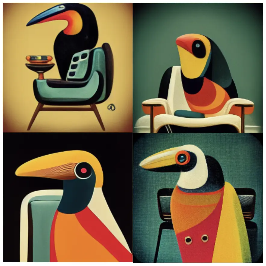 4 very blobby illustrations of a toucan's head. the illustrations are rich in colour, with gradients, but the toucans themselves are very abstract looking, and don't have anything other than an equally abstract looking arm chair