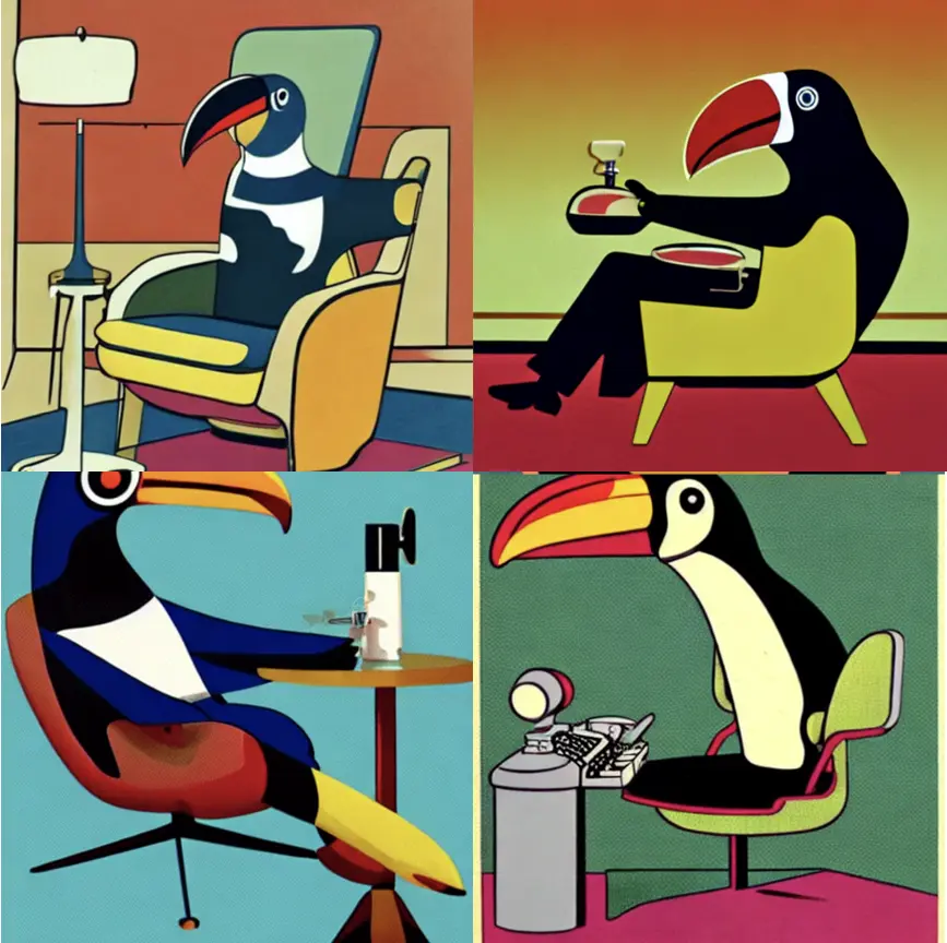4 flat illustration style images, of a toucan on a chair. on one there's a phone. on another the toucan is sitting in front of a typewriter. on another the toucan is sideways, drinking a glass of whiskey