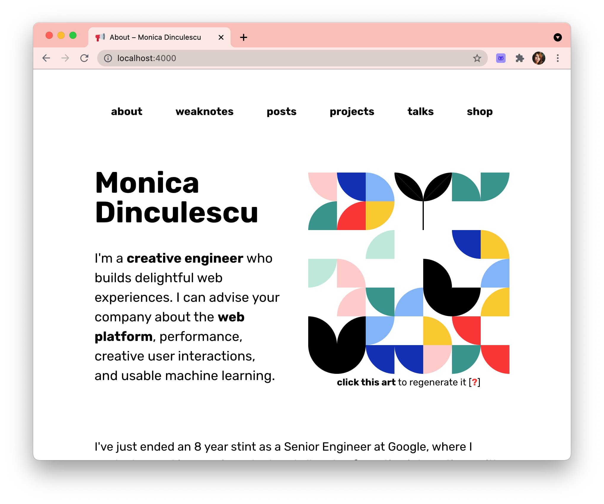 my new website. the structure of the site is the same, but below the nav bar there are
  now 2 columns: the left one has a small blurb about me, the right one has a grid of colourful cells.